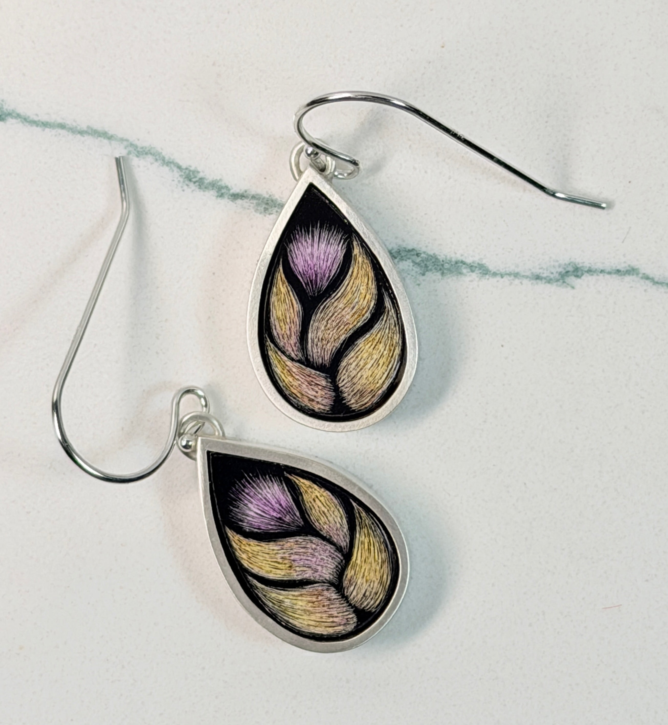 Wide Pear Scratchboard Earrings