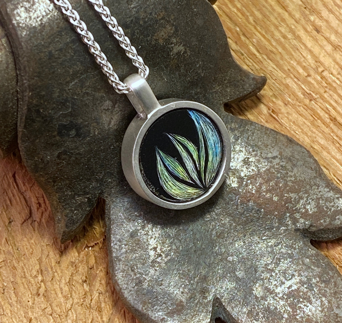 Round Blue and Green Scratchboard Necklace