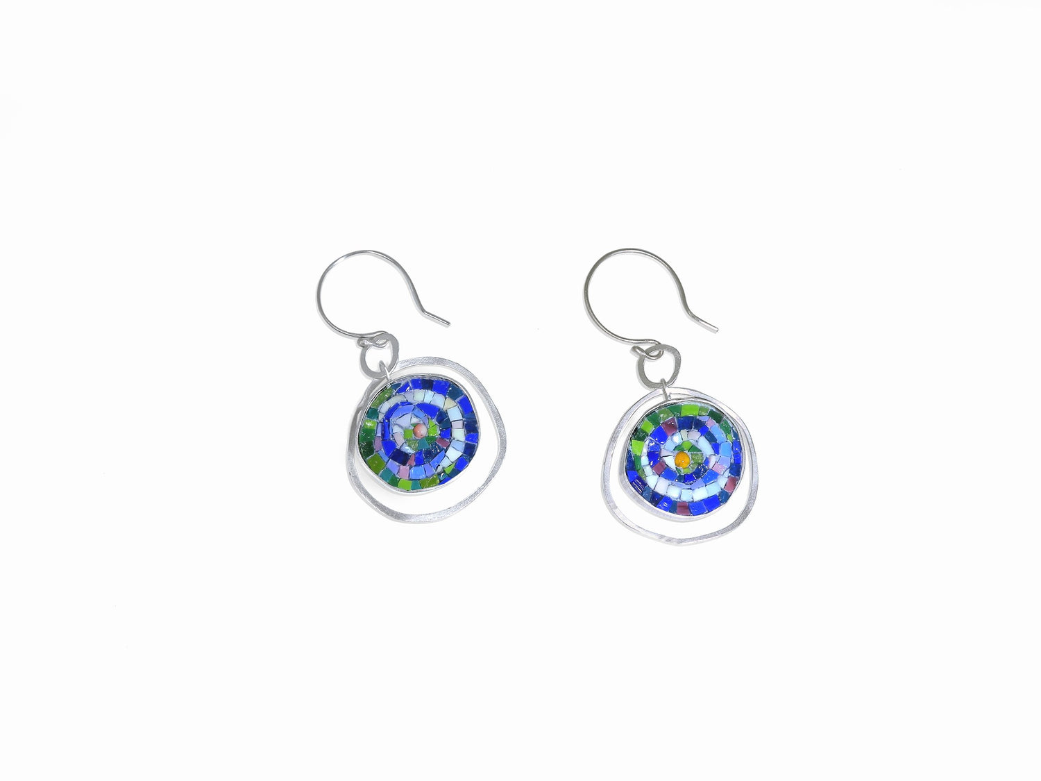 Round Mosaic Dangle Earrings featuring vibrant blue and green tiles by Katerina Anastasiou from The W Gallery