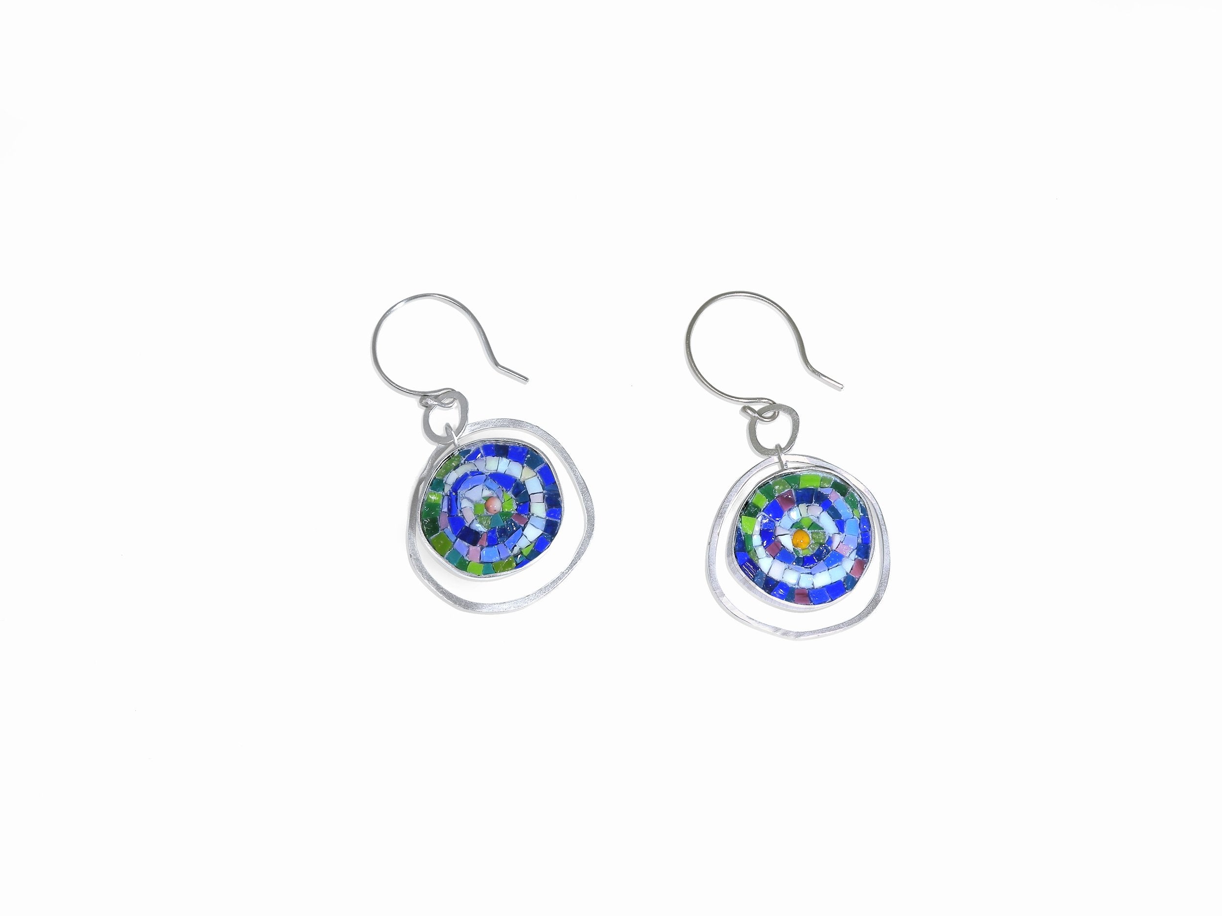 Round Mosaic Dangle Earrings featuring vibrant blue and green tiles by Katerina Anastasiou from The W Gallery