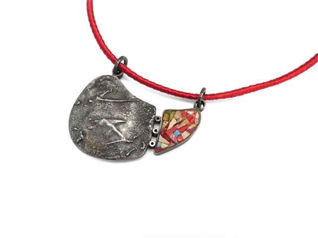 Mosaic double face jewelry pendant by Katerina Anastasiou on a red cord necklace
