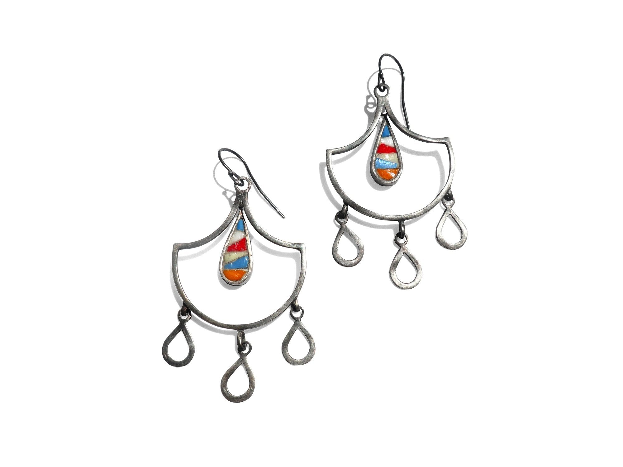 Handmade mosaic dangle earrings featuring colorful design and elegant metal frame