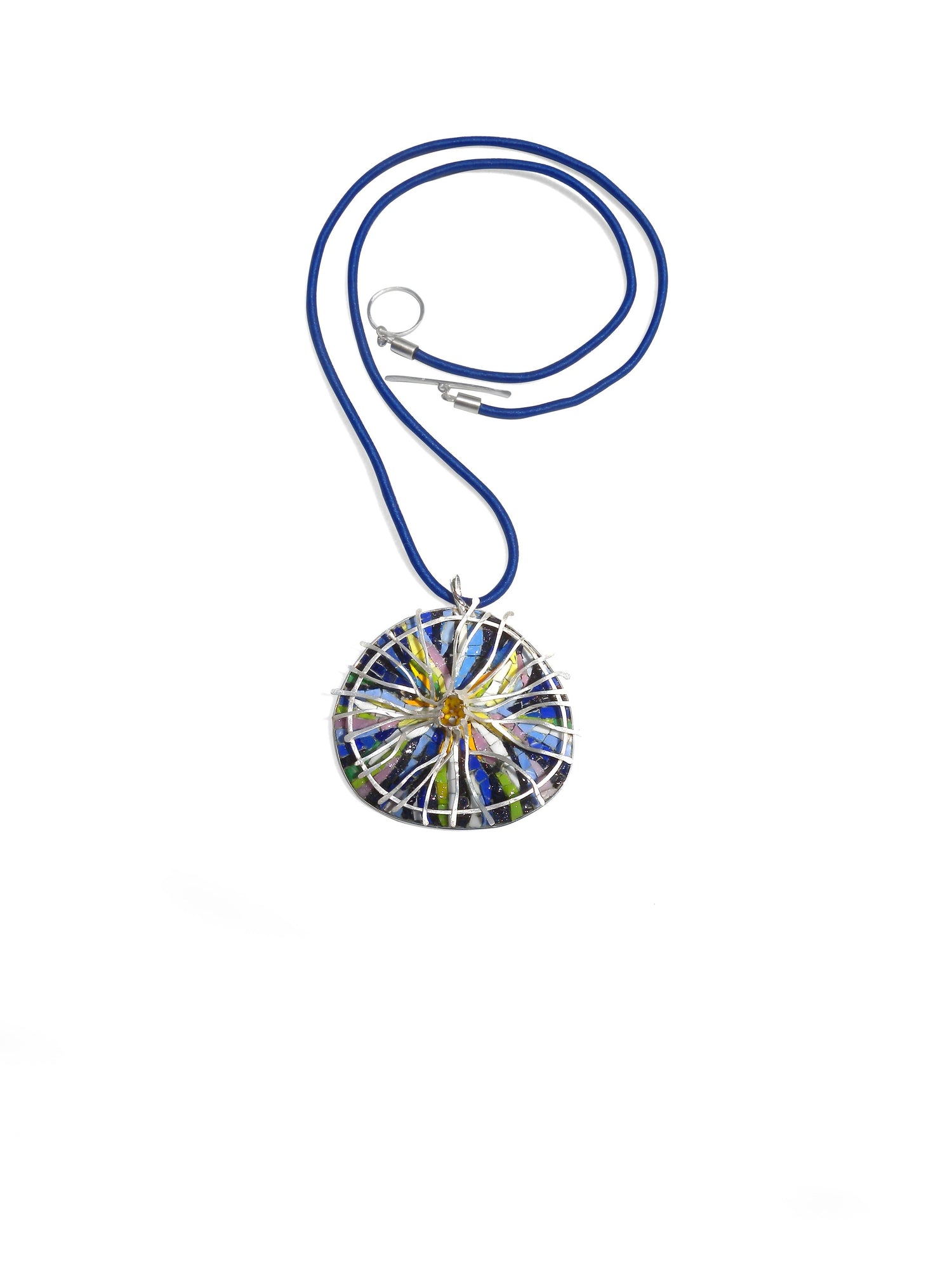 Handmade mosaic pendant necklace with vibrant colors and intricate design from The W Gallery