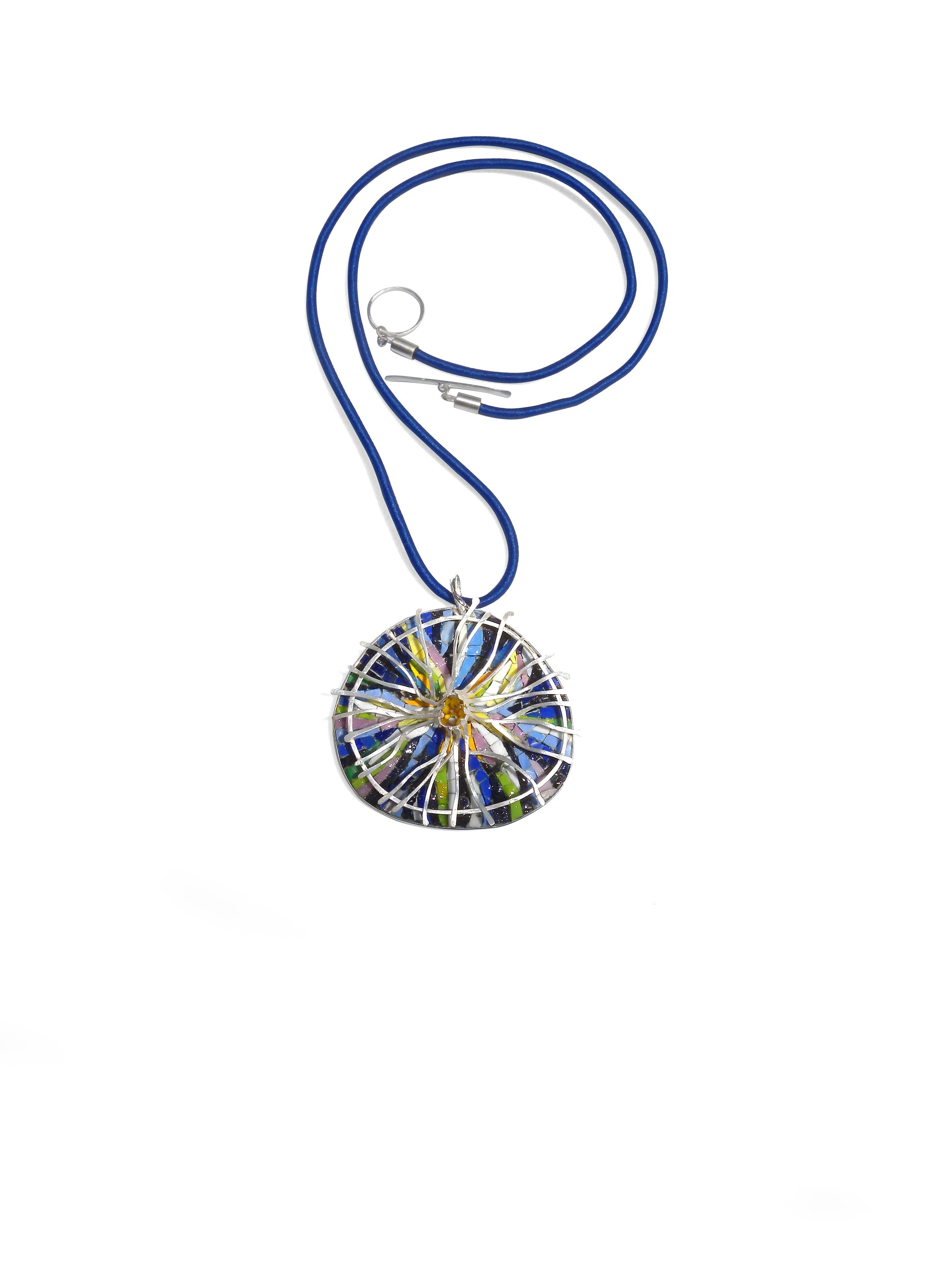 Handmade mosaic pendant necklace with vibrant colors and intricate design from The W Gallery