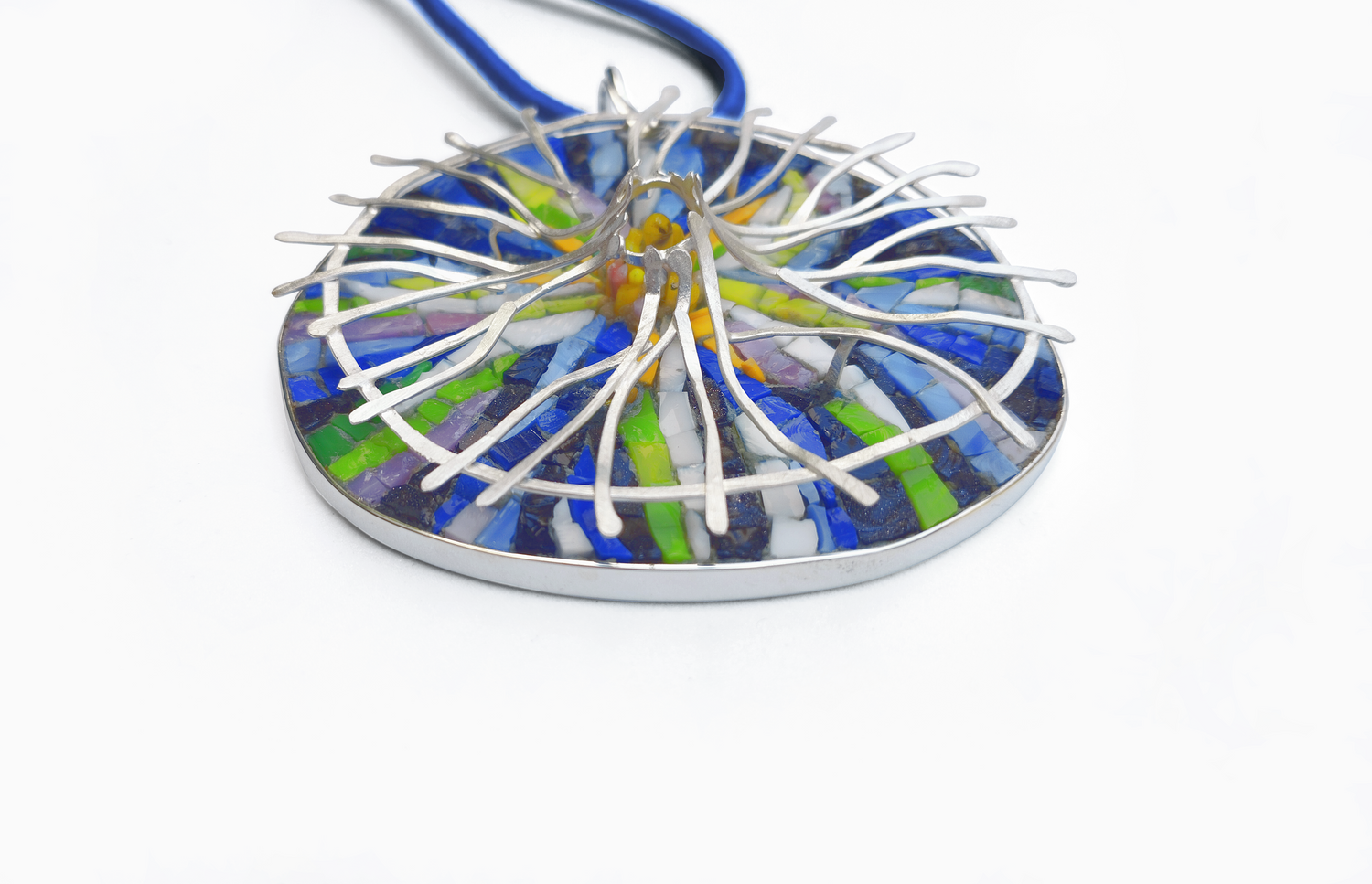 Large handmade mosaic pendant necklace featuring vibrant colors and intricate design, crafted by Katerina Anastasiou