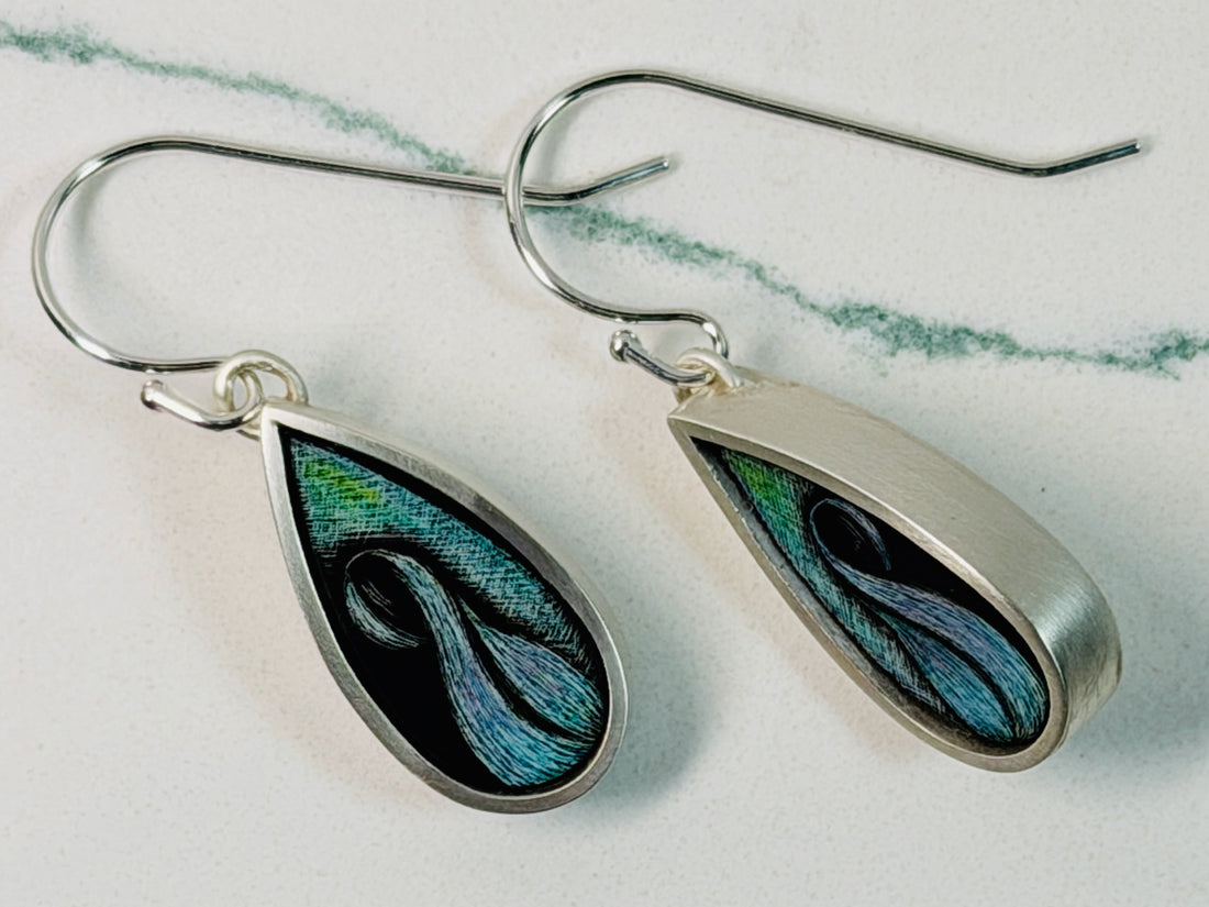 Narrow Pear Scratchboard Earrings