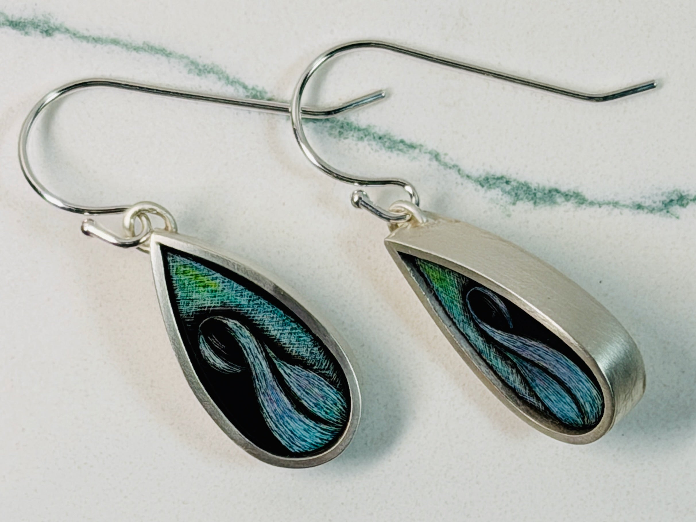 Narrow Pear Scratchboard Earrings