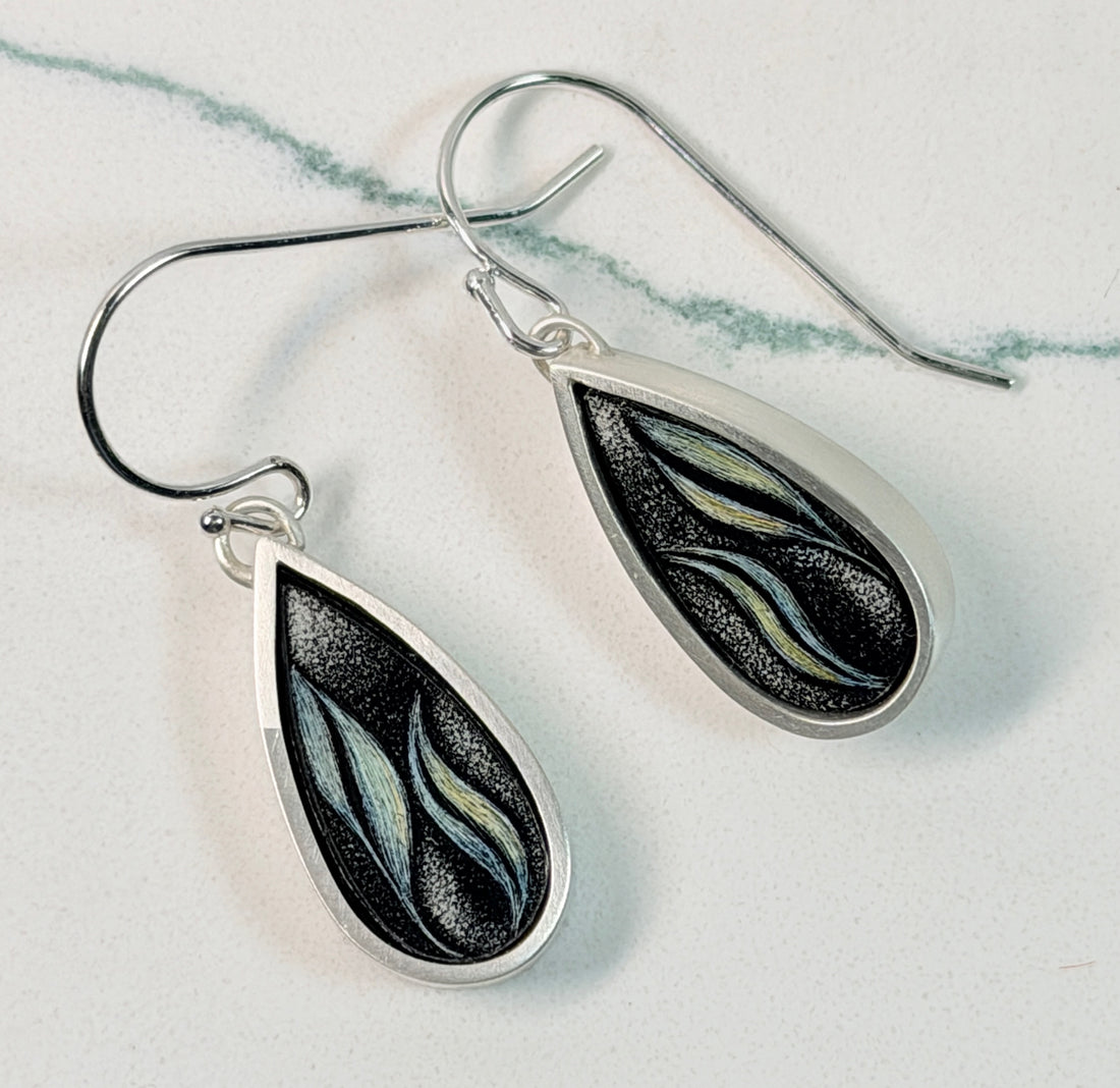 Narrow Pear Scratchboard Earrings