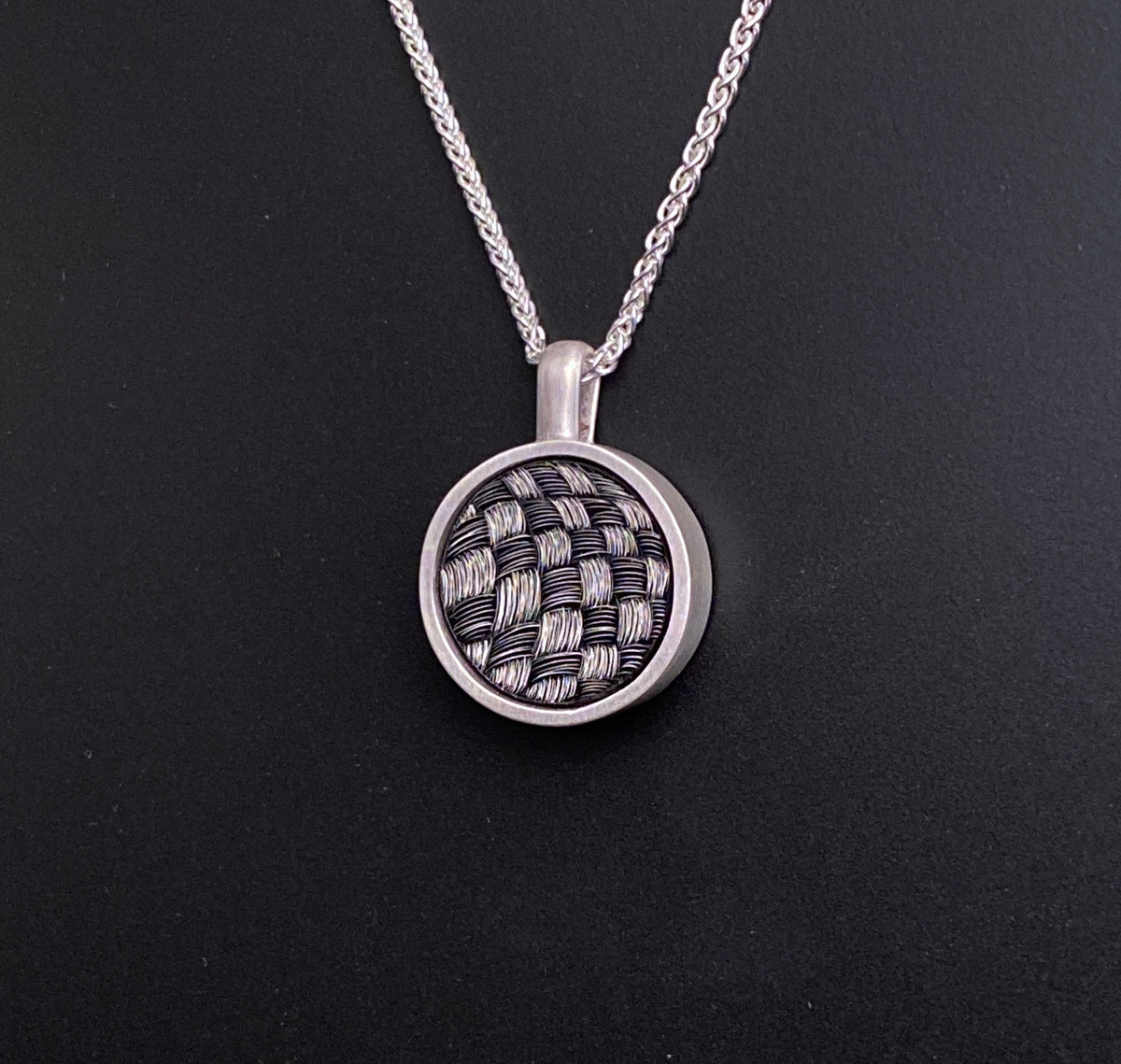 Round Black and White Basket Scratchboard Necklace
