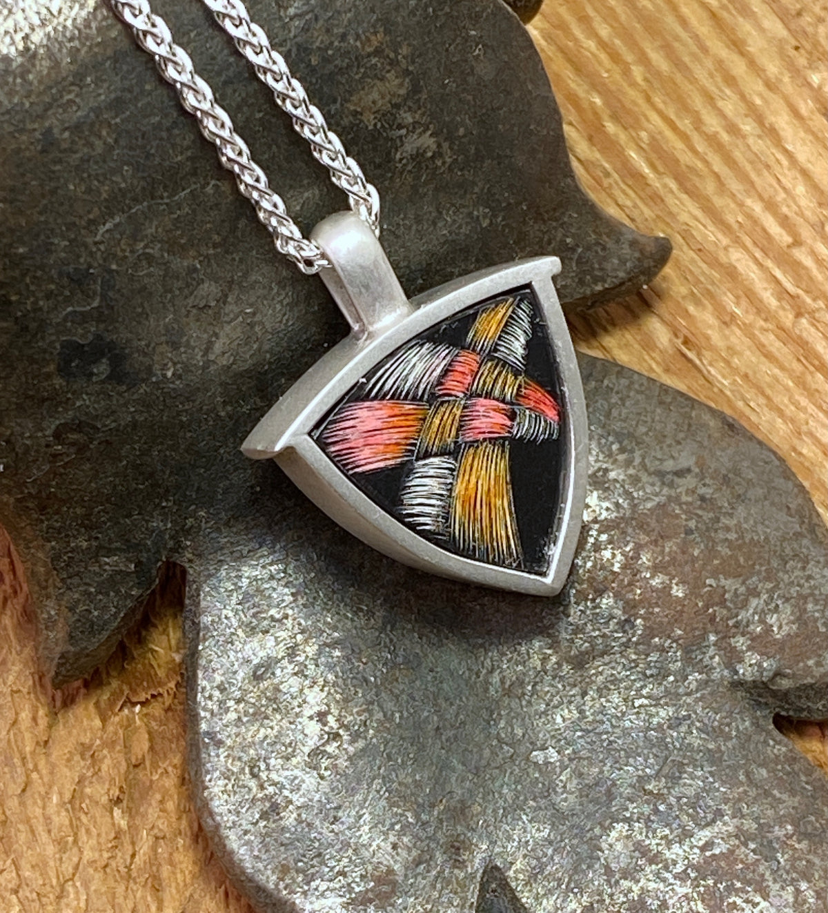 Triangle Orange and Pink Scratchboard Necklace
