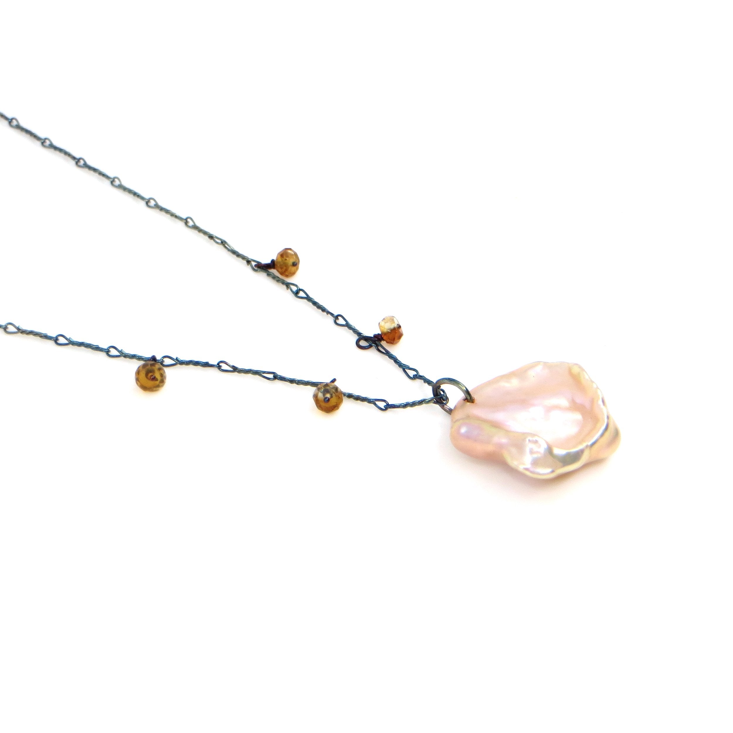 Keshi Pearl Pendant With Citrines