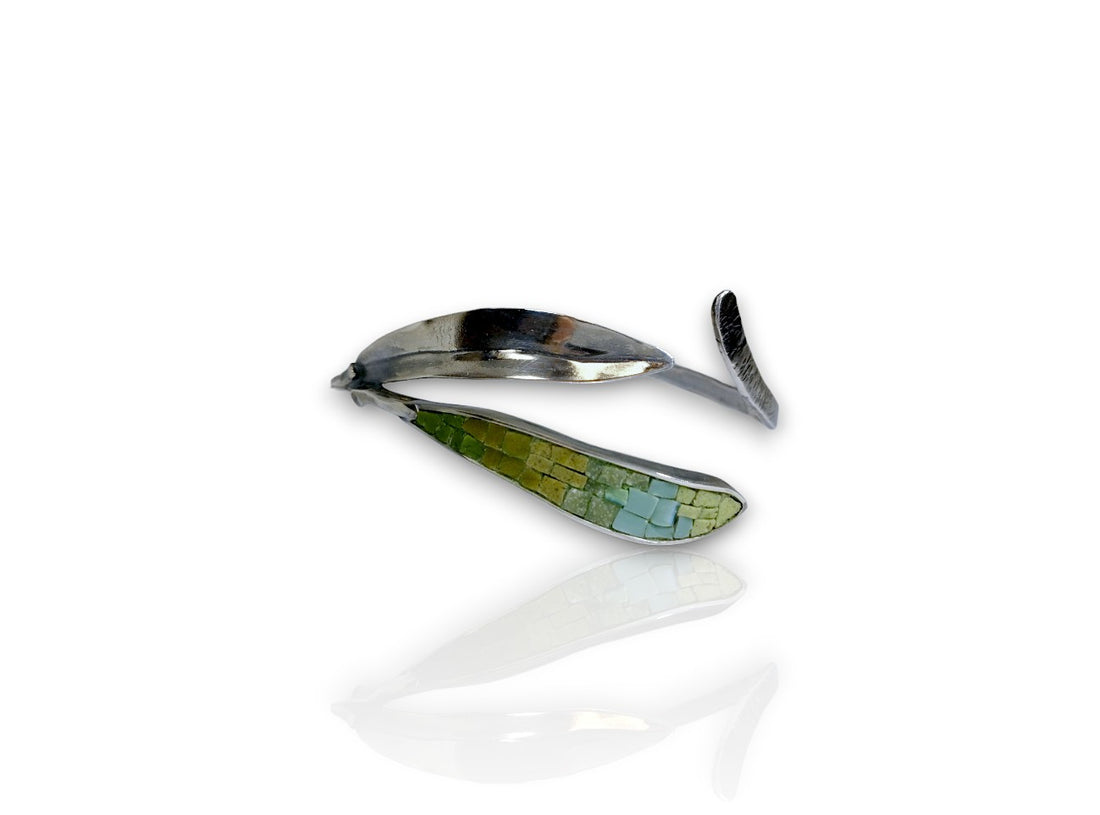 Mosaic olive branch cuff bracelet featuring green and silver tones by Katerina Anastasiou