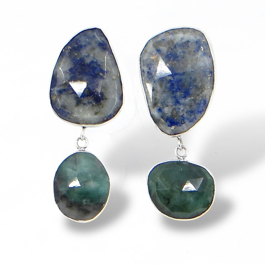 Rose Cut Lapis and Emerald Earrings